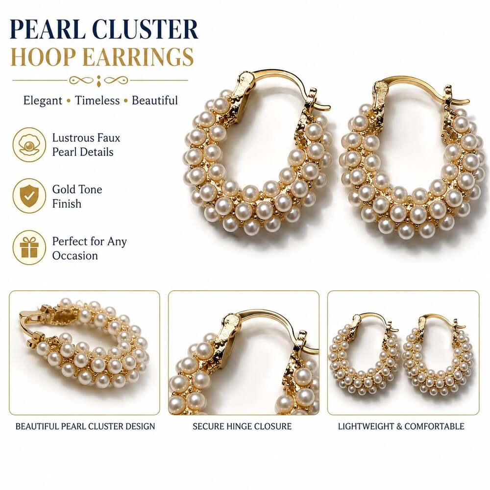 Gold Tone Faux Pearl Cluster Hoop Earrings Elegant Jewelry Gift